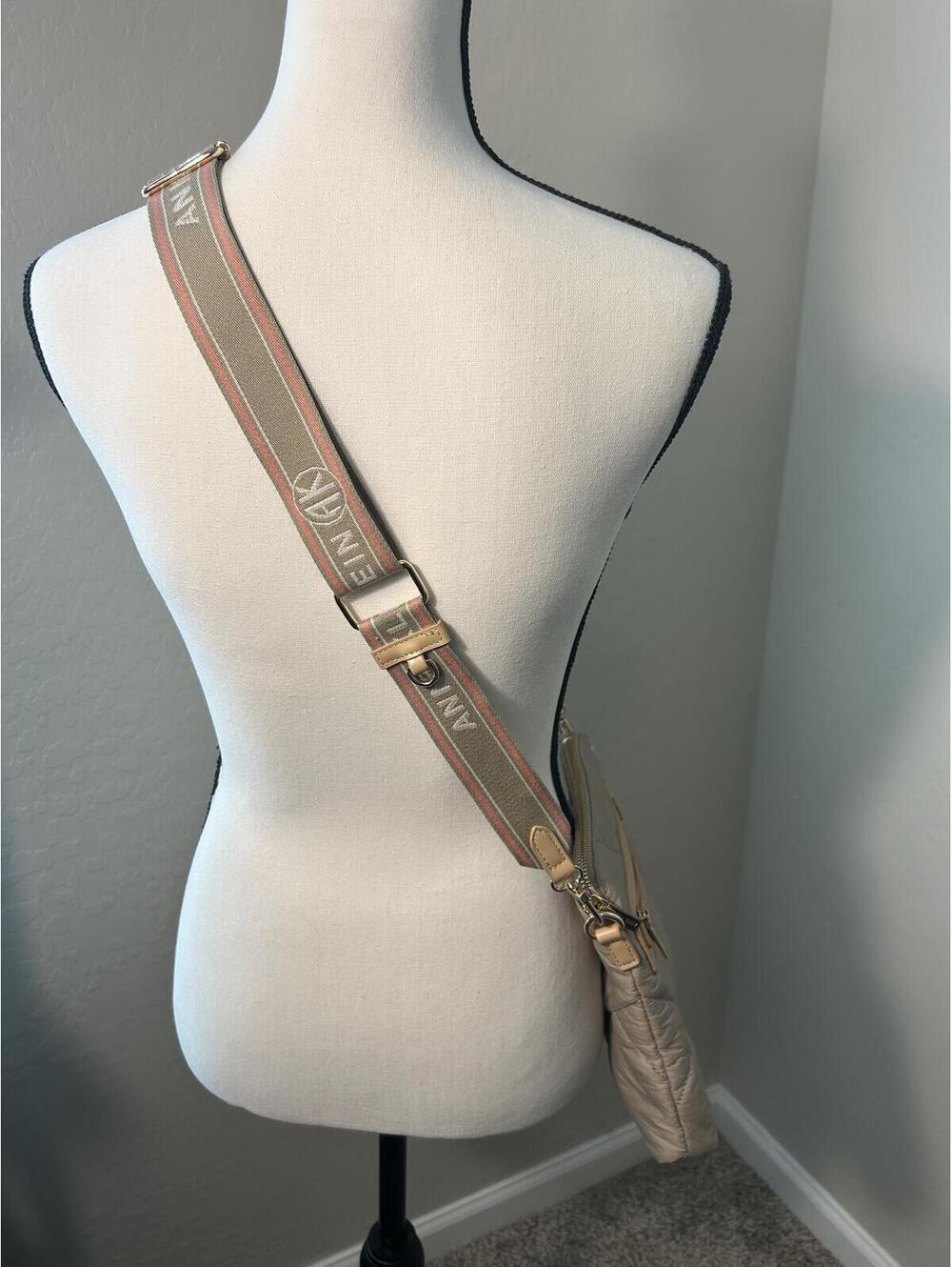 Anne Klein Quilted Crossbody Bag Beige Adjustable Logo Strap - Picture 6 of 8